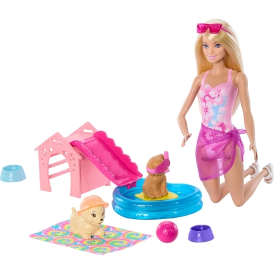 Barbie Mu&ntilde;eca Fiesta en la Piscina con Perritos